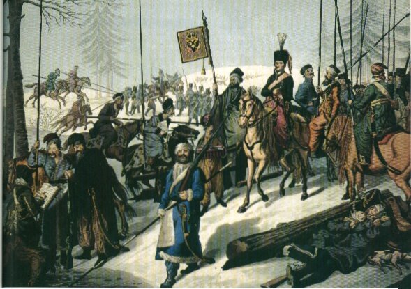                        Атаман Платов с донскими казаками в походе. Рис. Х!Х века.