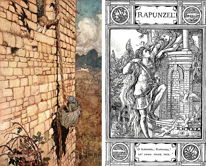 Иллюстрации Артура Рэкхэма и Уолтера Крейна к сказке «Рапунцель».