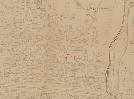 Фрагмент плана Богородского участка, села Черкизова 1917 года с обозначением участка, взятого в аренду под ткацкую фабрику