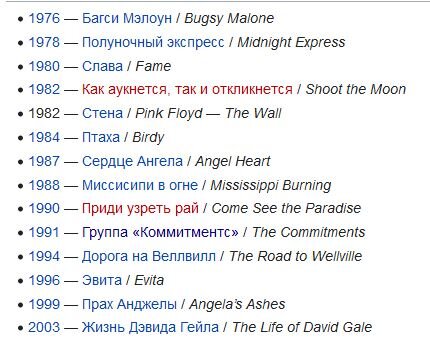 Фильмография Алана Паркера.Скриншот из Википедии.