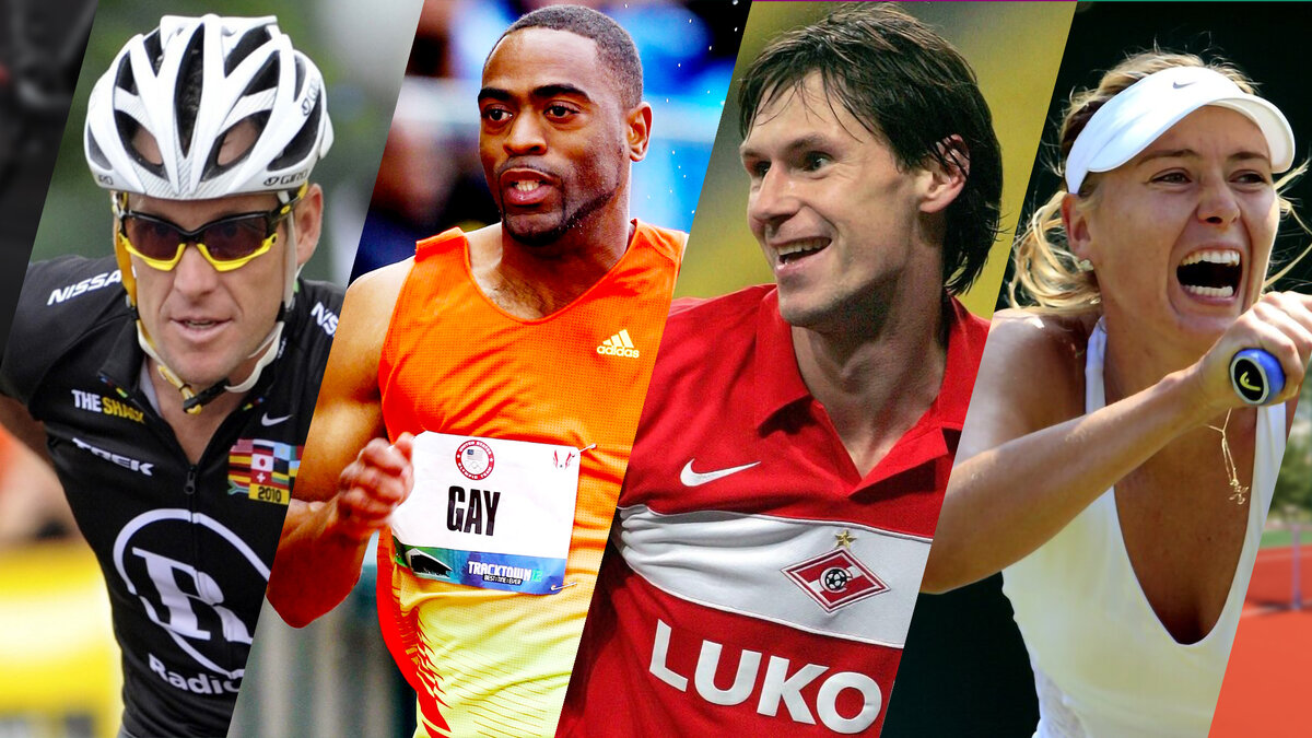  Слева направо: Лэнс Армстронг - единственный велогонщик, который финишировал семь раз первым в общем зачете Tour de France; Тайсон Гэй - второй быстрейший бегун на 100 метров после  Усейна Болта; Егор Титов - бывший полузащитник московского "Спартака"; Мария Шарапова - самая титулованная теннисистка России.