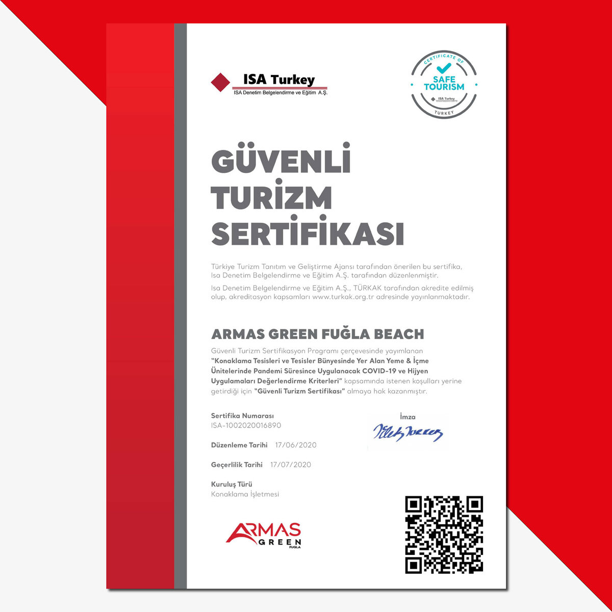 Так выглядит Сертификат Safe Tourism Certificate