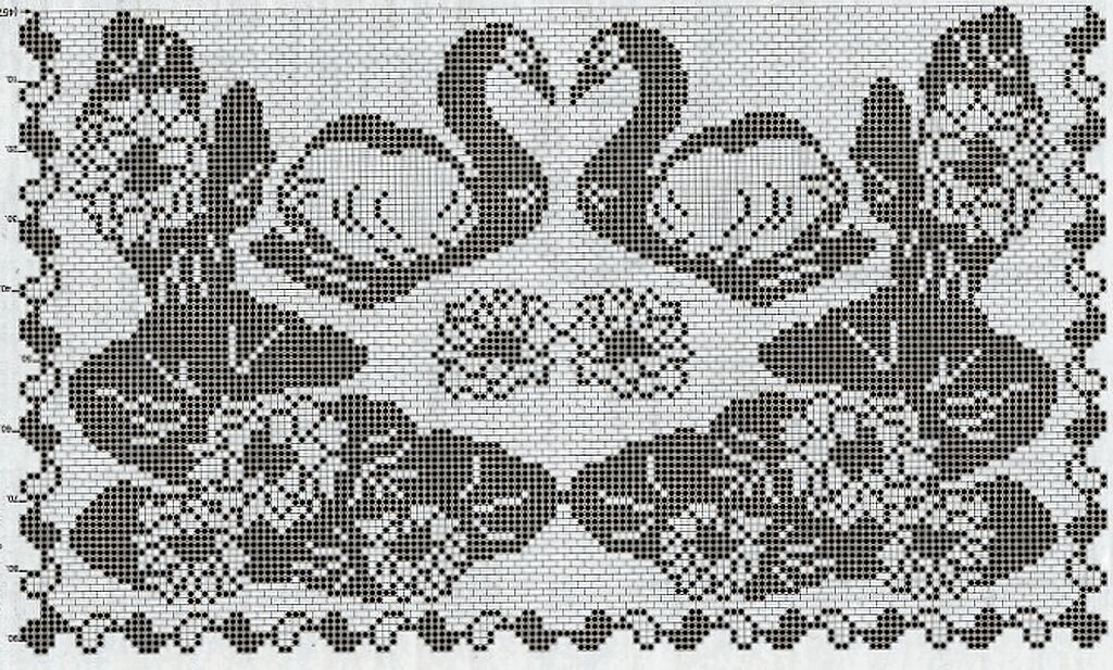 Схема салфетки лебеди. Филейные салфетки. Филейное вязание крючком. Филейное кружево. Филейные узоры крючком.