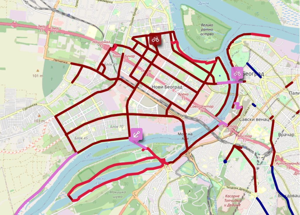 Карта всех велодорожек и выделенных линий движения для велосипедистов в Белграде