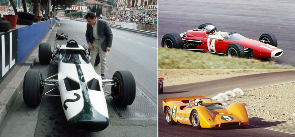 Изначально машины McLaren не были оранжевыми. Слева: Брюс МакЛарен и белый с зеленой полосой McLaren M2B Ford на дебютном для команды Гран При Монако ’66. Справа вверху: Брюс на красном McLaren M4B BRM на Весеннем Кубке Оултон Парка ’67. Справа внизу: Дэнни Халм во время гонки Can-Am за рулем McLaren M6A Chevrolet, который стал первым автомобилем марки, примерившим фирменную ливрею цвета «Папайя»