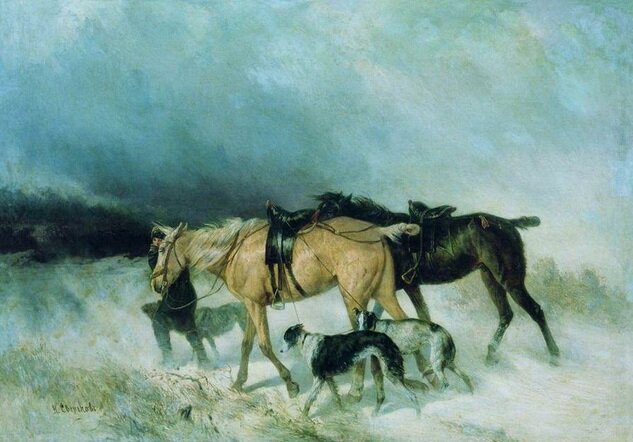 Лошади и борзые. 