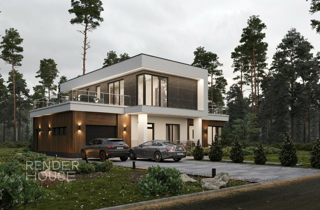 Вид на главный фасад. Источник изображения: Дзен-канал " "Render House: канал о лучших каменных домах в РФ"  