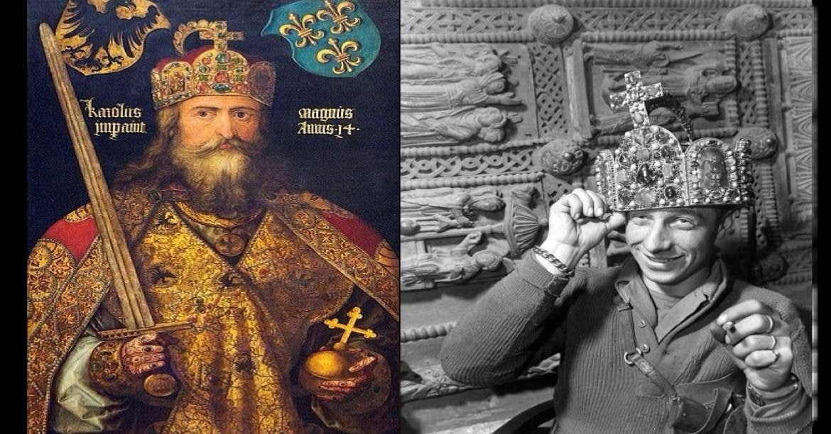 Корона Священной Римской империи. И солдат, примеряющий её в 1945 г.