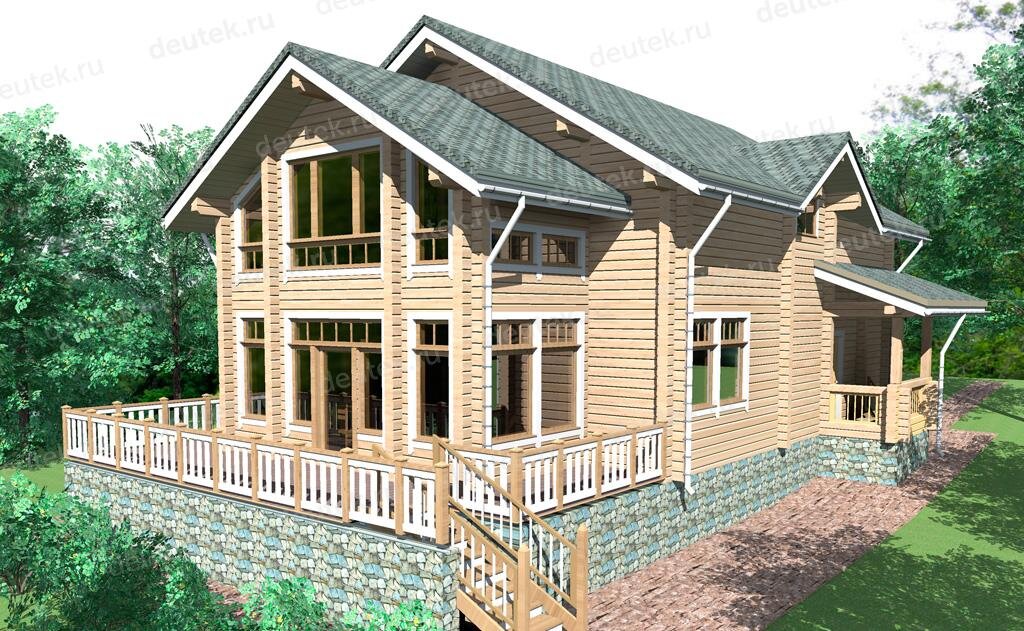 Проект дома 262 м2 из клееного бруса с зимним садом, верандой и террасой - DTW0043