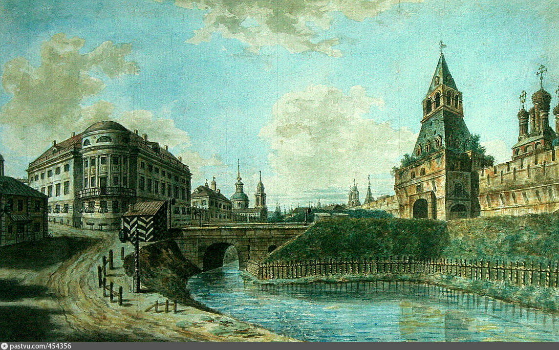 Здесь начиналась царская дорога. Скругленный дом слева цел и поныне - сегодня здесь какая-то аптека, а также вход в метро "Китай-город". А вот канал и стена указанного города канули в Лету. Ныне с этого ракурса можно увидеть памятник героям Плевны, а также угол Политехнического музея.