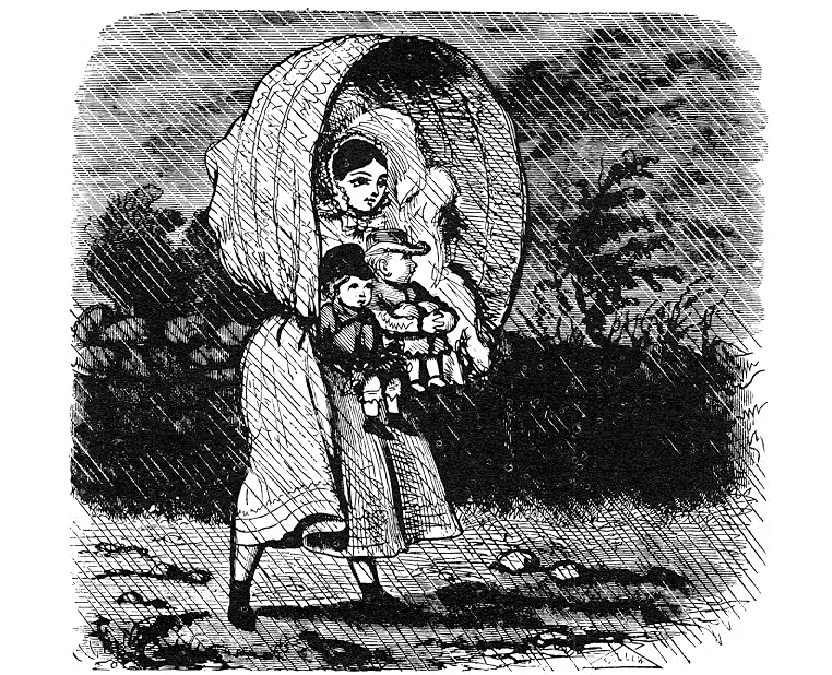 "Чрезвычайное удобство кринолинов для молодых мамочек за городом", карикатура из "Harper's Weekly", 1857. (сс) Wikimedia Commons