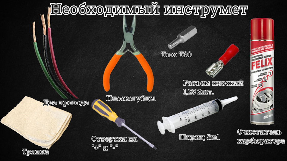 1. Плоская и крестовая отвертки 2. Плоскогубцы 3. Тряпка 4. Шприц 5ml 5. Разъем плоский 1,25 — 2шт. 6. Torx T30 7. Очиститель карбюратора 8. Провода