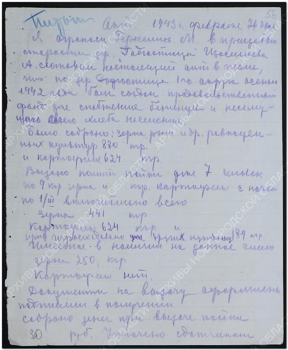 Собрано с населения в фонд: зерна ржи и равноценных культур 870 кг и картофеля 624 кг. На три месяца 7 нуждающимся выдано по 9 кг зерна и весь картофель. 