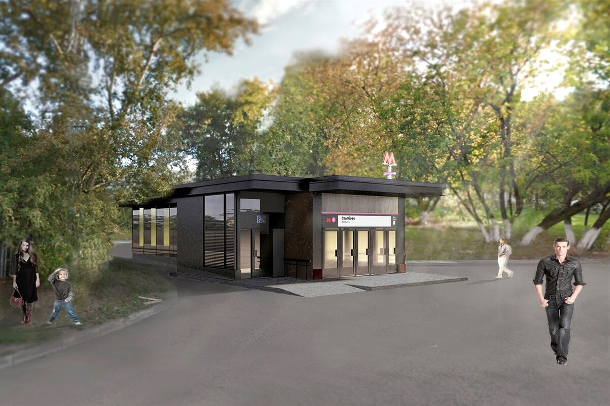 Поглядим рендеры. Они довольно странные, но все равно посмотрим. Вот какой-то совершенно дикий вариант павильона. Черный и грустный.

