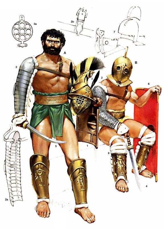 Экипировка гладиаторов: фракийца и секутора. Современная иллюстрация.