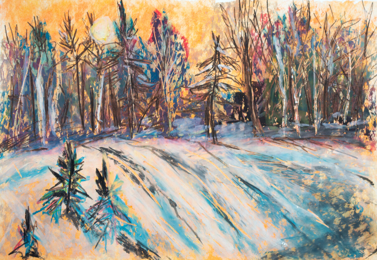 Картина "Зимний лес" выполнена мной, художником Антониной Яхиной, масляной пастелью в рамках онлайн-курса «Ирония зимы» Школы Вероники Калачевой (@kalachevaschool в Instagram)