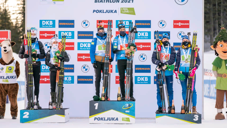 Призовой подиум сингл-микста: Норвегия, Франция, Швеция
Источник фото: официальный сайт IBU (https://www.biathlonworld.com/)