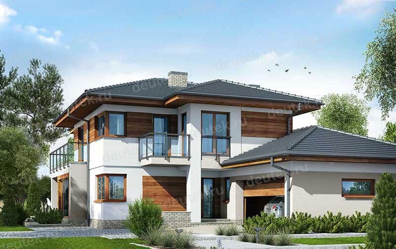 Проект двухэтажного дома 221 м2 из керамоблоков с двухместным гаражом, балконом и террасой - DTV100216
