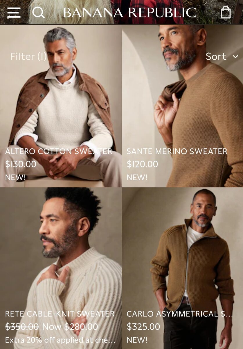 Стоимость пуловеров Banana Republic на официальном сайте бренда.