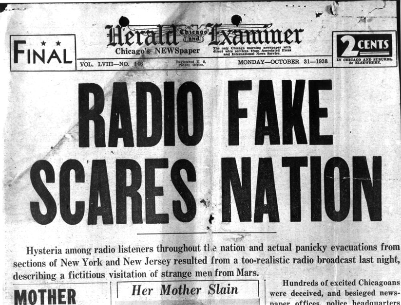 Газета "Chicago Herald Examiner", 31 октября 1938 года с заголовком "Радио-подделка", источник Яндекс картинки