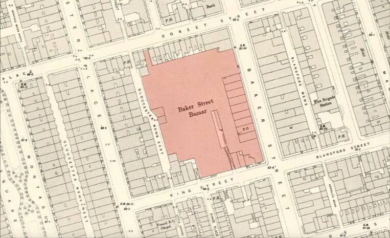 Карта 19 века, показывающая местоположение Базар на Бейкер-стрит. Скриншот