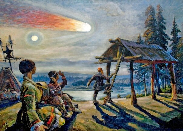 Н.И. Фёдоров «Пролет над эвенкийским стойбищем р. Нижней Тунгусской», 1988 г. (серия «Тунгусский метеорит»)