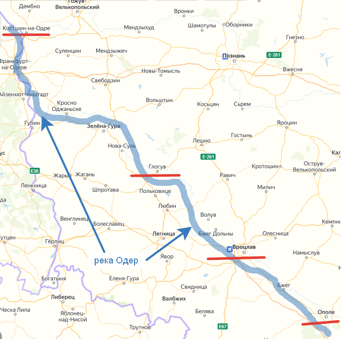 Немецкие крепости вдоль Одера (подчёркнуты): Кюстрин, Глогау, Бреслау, Оппельн. Создано на основе Яндекс-Карт