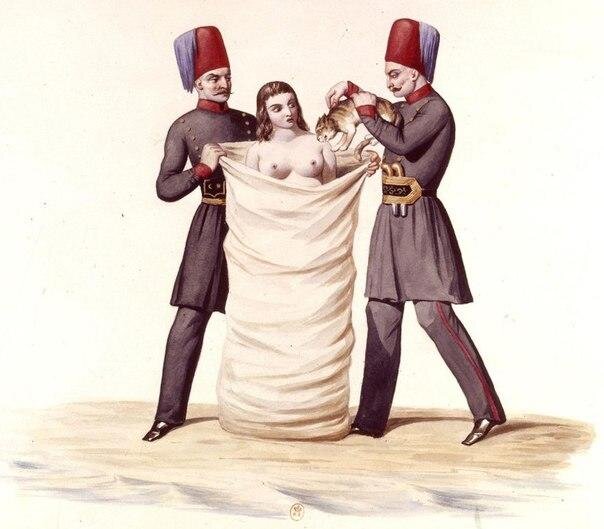 Казнь в Турции в 18 веке. Женщину, осужденную за измену, зашивали в мешок с кошками и топили