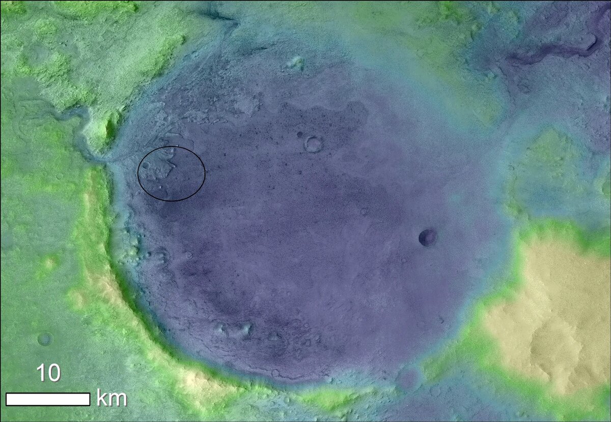 Кратер Езеро и эллипс посадки марсохода, изображение NASA
