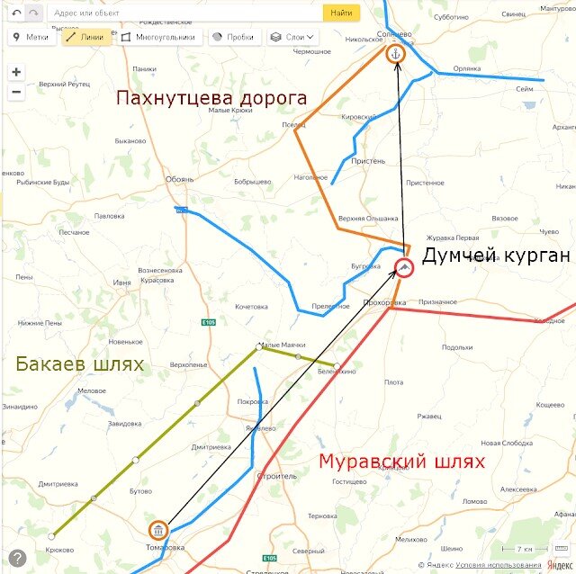 Рис.2. Схема основных татарских дорог в районе Думчего кургана (по А. Словохотову).