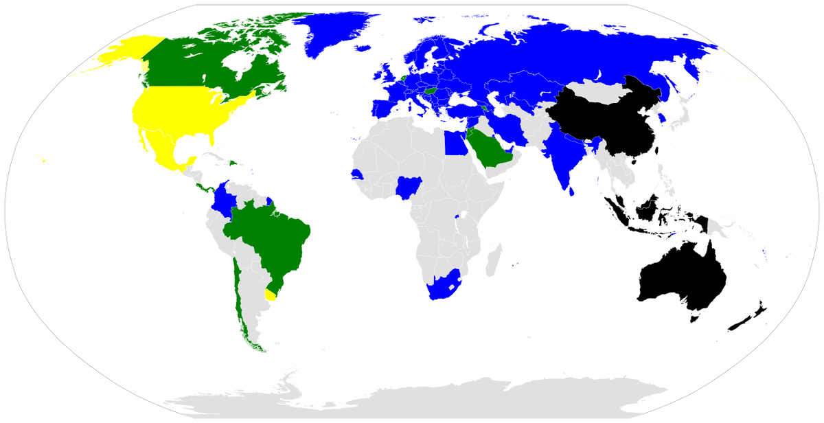 Implementation of the two ITU approved[1] emergency telephone numbers in the world: 
  blue - 1-1-2;
  yellow - 9-1-1;
  green - 1-1-2 and 9-1-1;
  black - other number or no redirection;