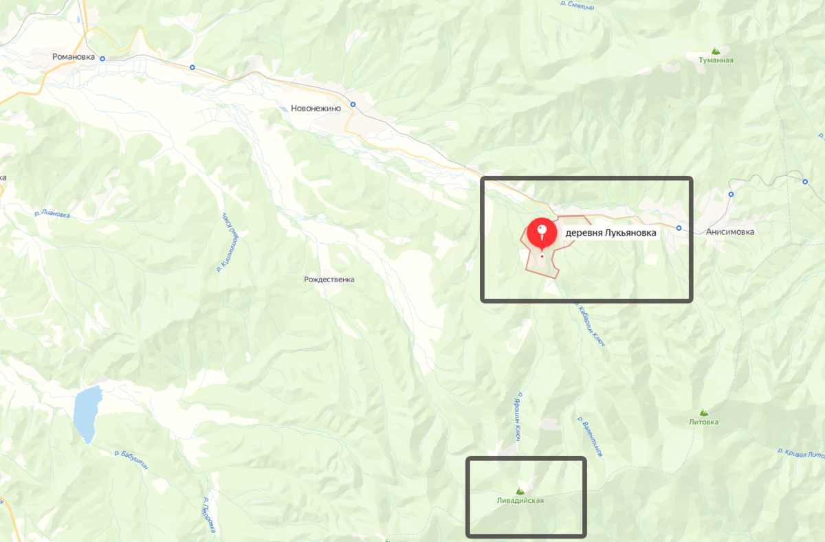 На  карте - деревня Лукьяновка и гора Пидан (Ливадийская)