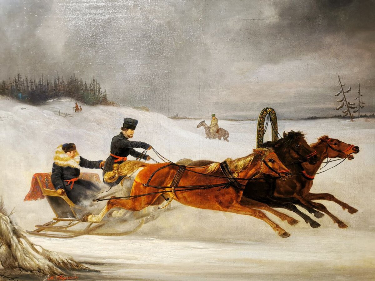 Николай Сверчков Ямская тройка на зимней дороге (1849, частное собрание)