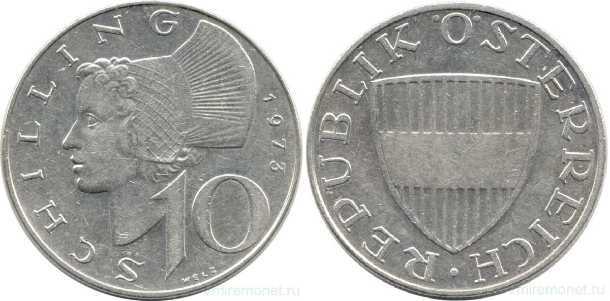 10 шиллингов 1973, Австрия. Серебро 640, вес 7.5 г, диаметр 27 мм