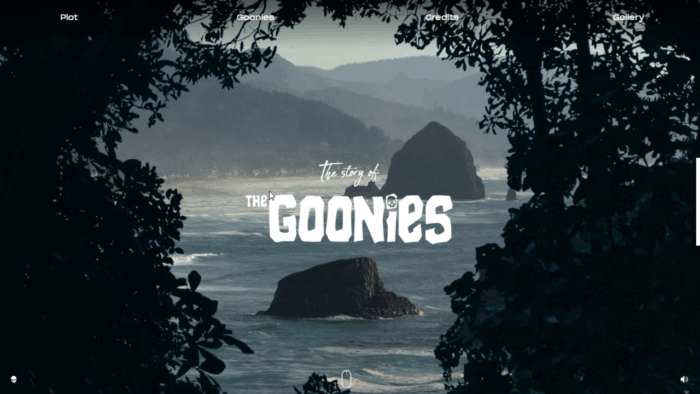 Параллакс-зум-скроллинг на  https://the-goonies.webflow.io/ 
