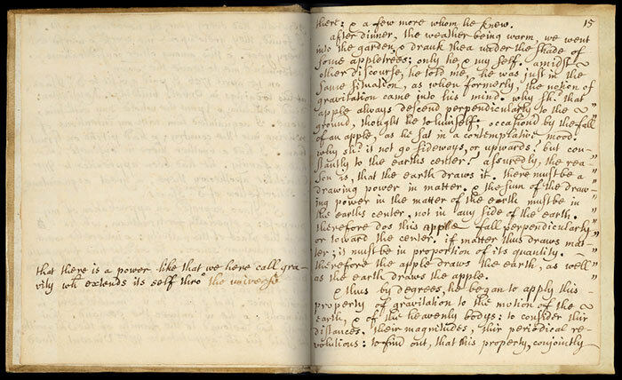 Знаменитая страница, описывающая инцидент с яблоком Ньютона в « Воспоминаниях о жизни сэра Исаака Ньютона» Уильяма Стьюкли.