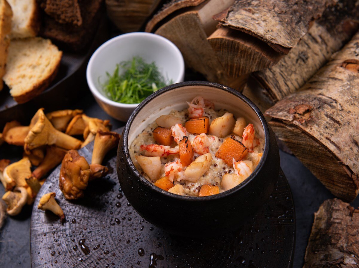    Киноа с раковыми шейками, гребешками и тыквой