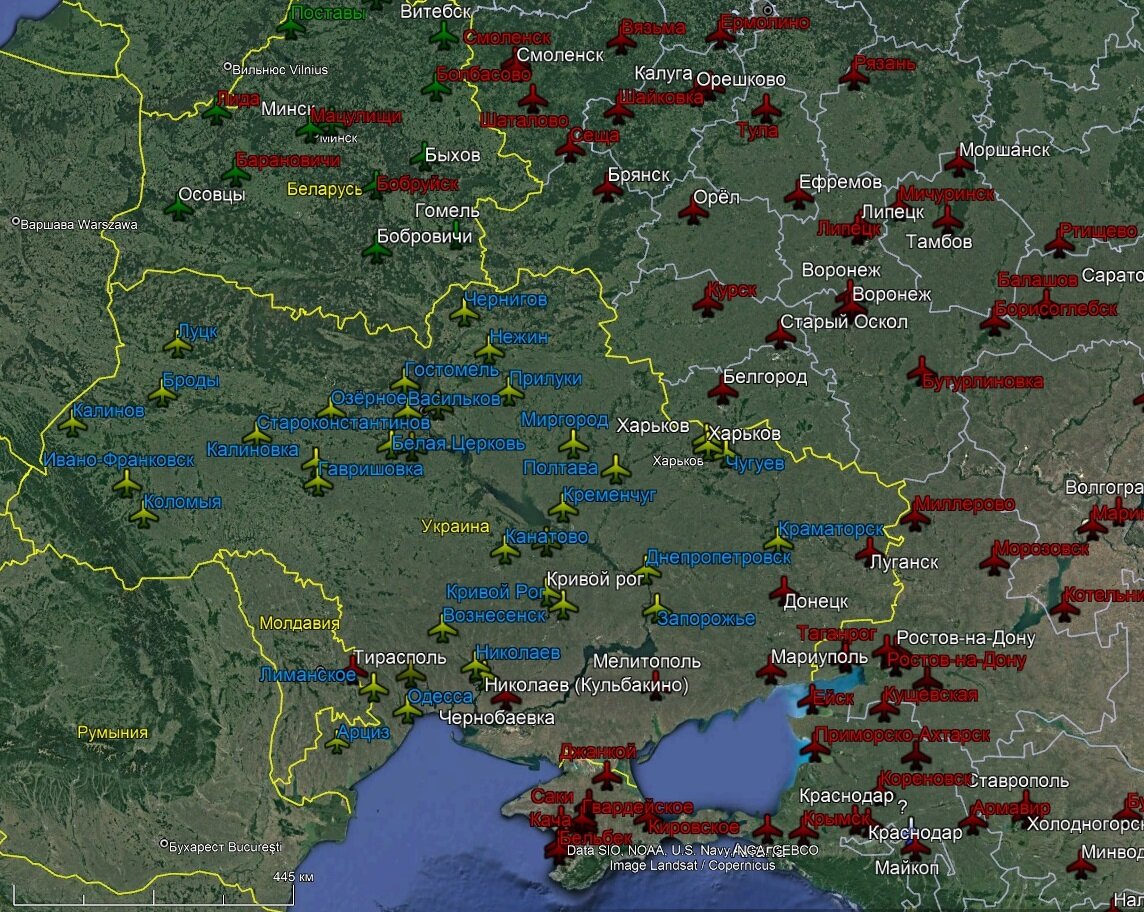 Аэродромы сторон. Гражданские и заброшенные подписаны белым