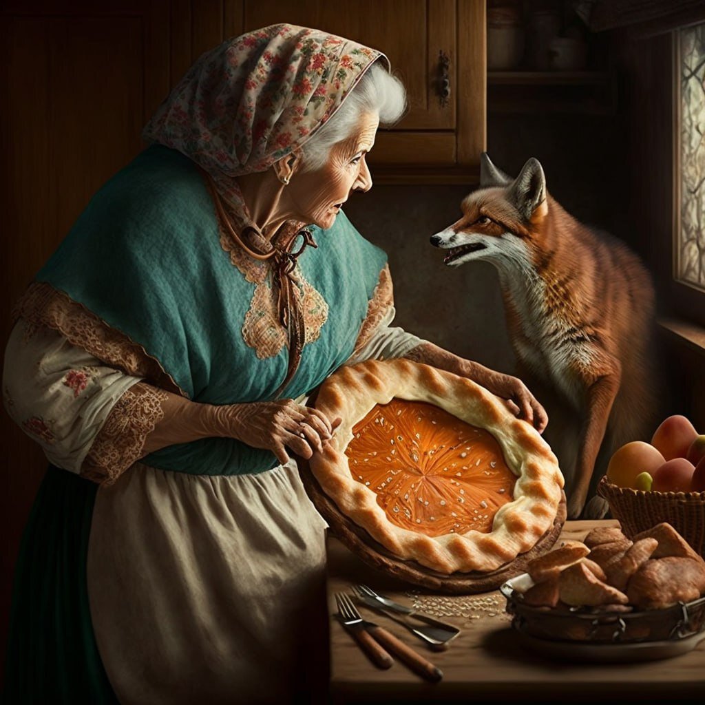 Сказка про колобка от Midjourney. Запрос: The grandmother baked a Kolobok. The Kolobok ran away and met the Hare, the Wolf, the Bear and the Fox. They were tasty
