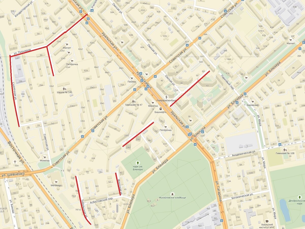 Пионеров - Солнечная -  Тобольская - Милицейская - Флотская (Екатеринбург) © Яндекс
