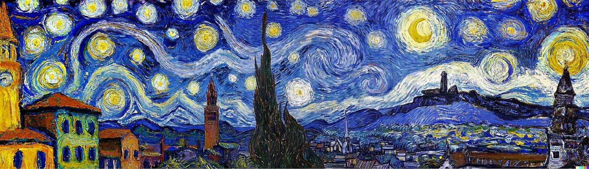 Картина вариация ИИ «DALL- E2» компании OpenAI на тему полотна «Звёздная ночь» Винсента Ван Гога