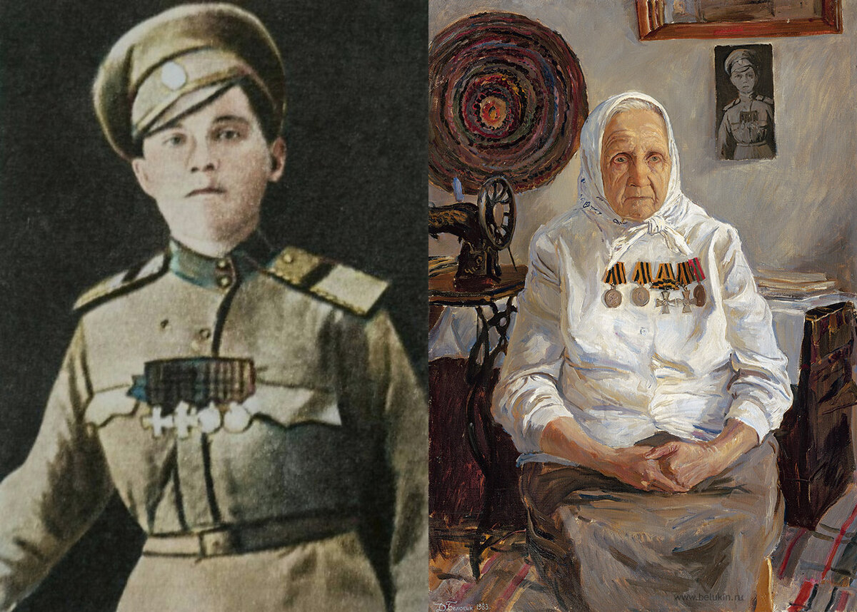 Антонина Тихоновна Пальшина-Придатко (1897 — 1992). Слева — в годы Первой мировой. Справа — иллюстрация художника Дмитрия Белюкина, https://belukin.ru 