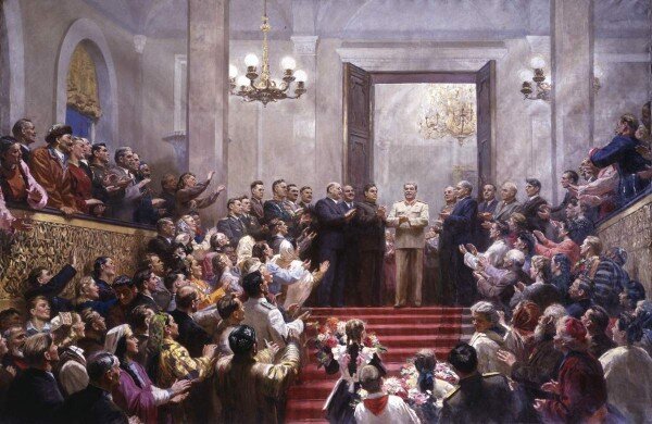 Кугач Ю.П. , Нечитайло В. К. , Цыплаков В. Г. «Великому Сталину слава!». 1950.  Источник: rusmuseumvrm.ru. 