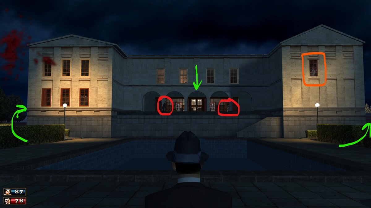 "Визит к толстосумам". Зелеными стрелками показаны возможные входы в здание. Оранжевый квадрат - главная цель, кабинет прокурора. Красным отмечены охранник и горничная.