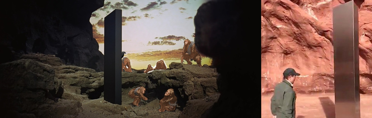 Слева Кадр с Киноленты "Космическая одиссеи 2001"   Справа фото  мексиканской пустыни "Пилот вертолета с монолитным столбом"