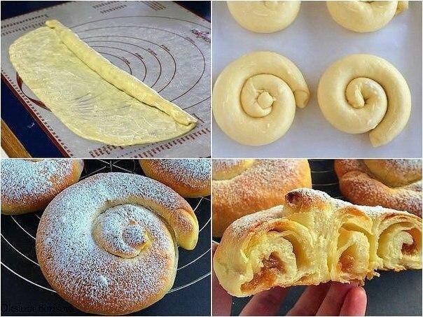 Испанские булочки "Ensaimadas"   
Ингредиенты 
для теста: 
Мука — 300 г 
Сухие дрожжи — 1 ч. л. 
Соль — 1/2 ч. л. 
Сахар — 1/4 стакана 
Яйцо — 1 шт. 
Растительное масло — 2 ст. л. 
Теплая вода — 120 мл 
Отдельно: 
100 г сливочного масла, очень мягкого 
начинка по вкусу (консервированная вишня; тертая тыква+сахар+корица; яблоки) 
сахарная пудра 
Приготовление: 
1. В чаше для миксера соедините муку, дрожжи, соль, сахар и перемешайте. Добавьте остальные ингредиенты, перемешайте ложкой, а затем насадкой "крючок" месите тесто до эластичности 10 минут. Тесто должно получиться мягким, но не липким. Переложите тесто в миску, смазанную маслом, накройте пищевой пленкой и оставьте подойти до увеличения в два раза. 
2. Противень застелите пекарской бумагой. Подошедшее тесто разделите на 4 части. 
3. Смажьте рабочую поверхность сливочным маслом. Возьмите часть теста и на столе растягивайте его в прямоугольник (у меня 27*38 см), а затем смажьте обильно сливочным маслом. 
4. Выложите в ряд начинку по большей стороне и начинайте сворачивать в рулет. Закрутите рулет в виде улитки. 
5. Выложите булочку на противень, верх смажьте малым количеством масла. Эту же работу проделайте с остальными частями теста. Поставьте противень в теплое место, чтобы булочки еще раз подошли, минут 30–40. Разогрейте духовку до 180 С . 
6. Выпекайте булочки 20 минут или до готовности. 
 
Готовые горячие булочки присыпьте сахарной пудрой и переложите на решетку до полного остывания.