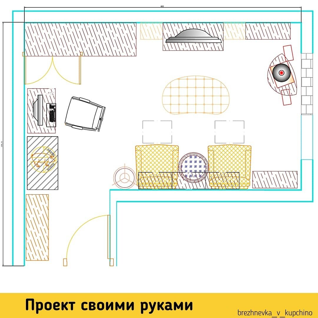 План ремонта большой комнаты, который я начертила в Автокаде.