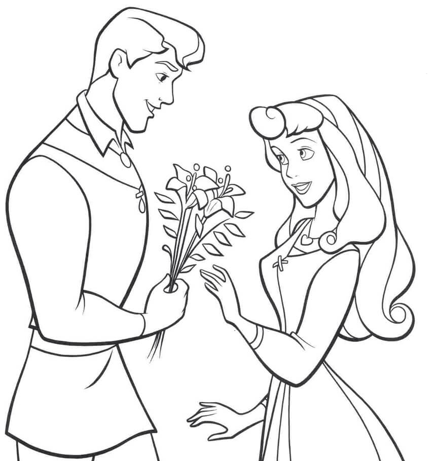 Прекрасный принц пригласил принцессу Аврору на свидание. Он подарил ей чудесный букет цветов. Если принц поцелует Аврору, то произойдёт чудо – заклятие, которое наслала Малефисента, сразу же развеется.  Давай разрисуем разноцветными карандашами эту красивую романтичную картинку.
Источник: https://web-skazki.ru/coloring/tsvety-dlya-printsessy (аудиосказки для детей)