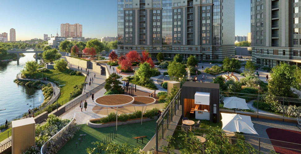 Двор-парк в ЖК RIVER HOUSE – место притяжения для резидентов дома на набережной