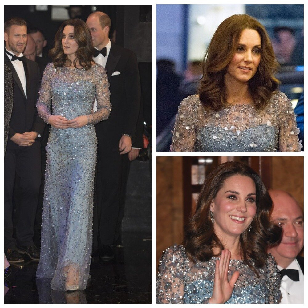 Крупные блестящие пайетки на сетке платья,под ней(под сеткой),наверняка легкое синее основания платья.Укладка на 100 баллов.Такая Кейт милая с щечками)